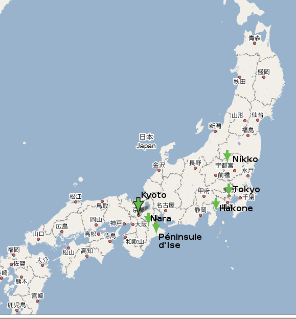 Nos différentes étapes de voyages sur la carte du Japon