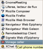 List of items in the Internet menu in Gnome, with the Vonage caller script added