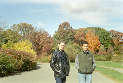 Cédric et Dom dans l’arboretum (Boston MA USA, 2001/10/27)
