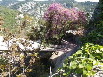  Vue sur la vallée du Destel depuis la place de l’Eglise (Evenos, 23 avril 2006)