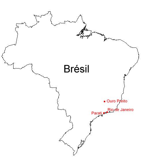 Carte du Brésil avec nos points de visites marqués en rouge