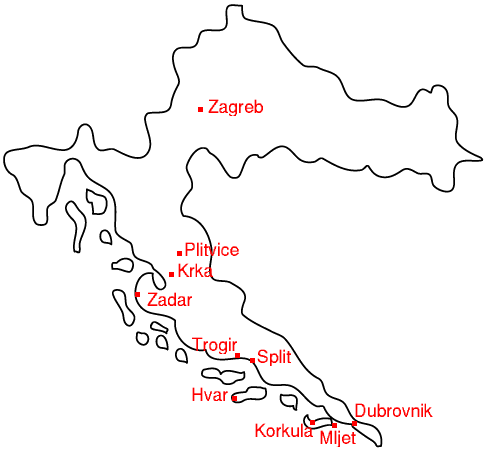 Carte de Croatie avec nos arrêts marqués en rouge